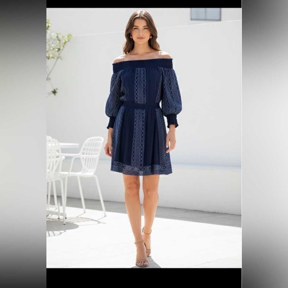 Alice + Olivia Pammy Navy Blue eyelet lace off shoulder dress size 6